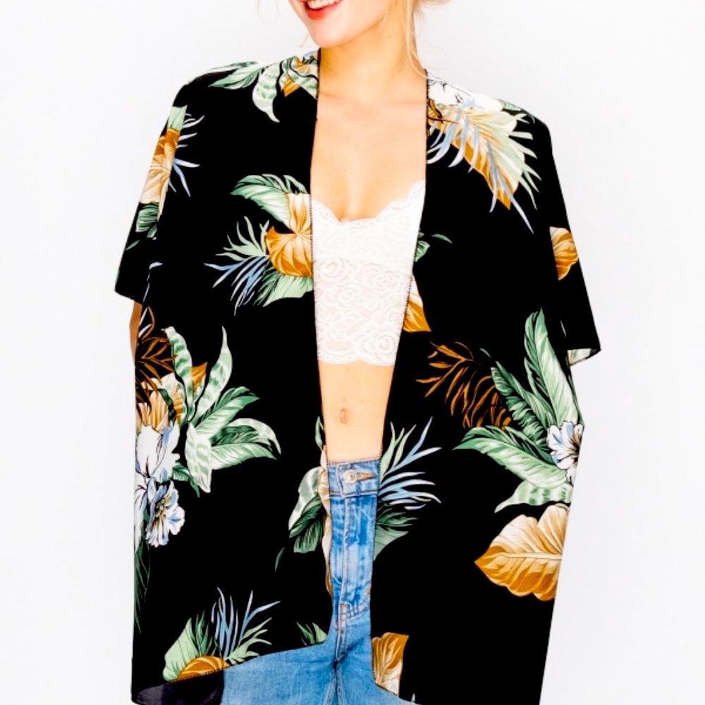 Fashion Collection Black Palm Leaf Kimono 100% Polyester Open Dolman Sleeve Top